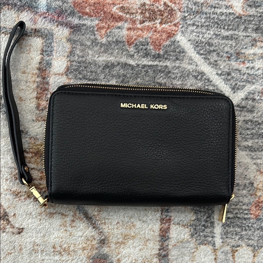 Michael Kors Black Leather Wristlet with Gold Accents